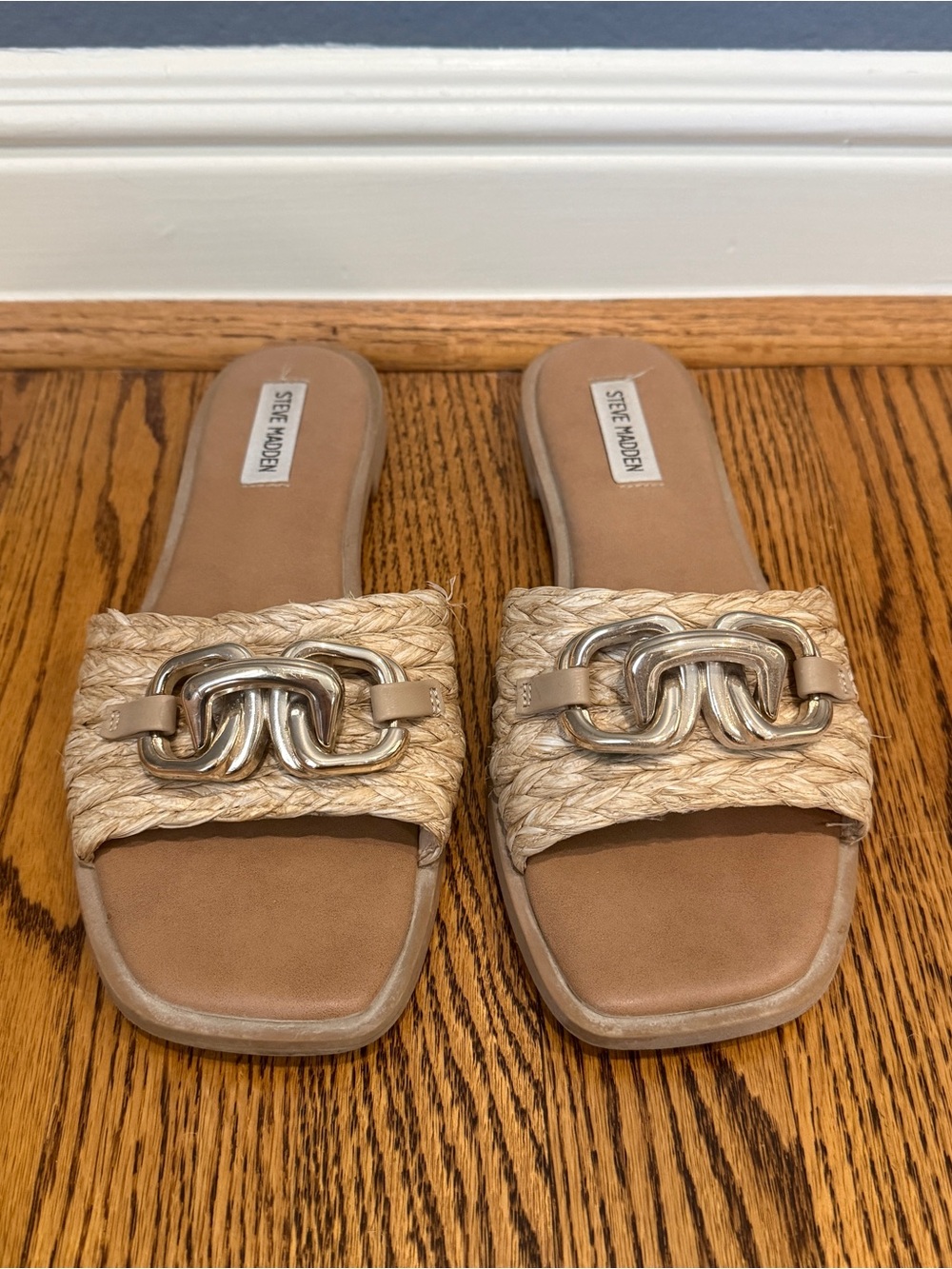 Steve Madden Neutral Braided Slide Sandals with Metallic Chain
